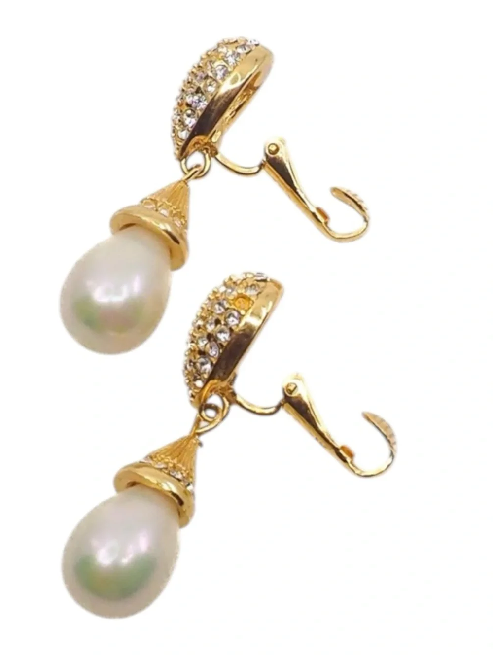 Dior Vintage Gold Crystal Pavé Earrings with White Pearl Drops clip on earrings - Picture 5 of 11